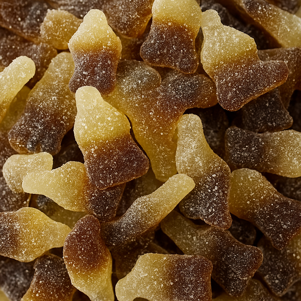 Bonbons Fini Cola Acide, formes de bouteilles de cola bicolores, texture acidulée, confiserie halal, vente sur CandyBoum.