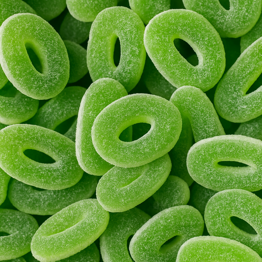 Bonbons Anneaux Pomme Trolli, formes d'anneaux verts texturés, bonbons acidulés, vente sur CandyBoum.