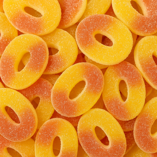 Bonbons Anneaux Pêche Trolli, formes d'anneaux bicolores, texture acidulée, vente sur CandyBoum.