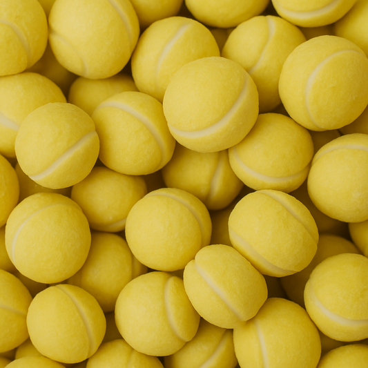 Chewing-gums en forme de balles de tennis jaunes avec lignes blanches, vente sur CandyBoum.