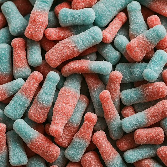 Bonbons Fini Bouteille Bubble Gum, formes de bouteilles bicolores rose et bleu, texture gélifiée, goût bubble gum, confiserie halal, vente sur CandyBoum.