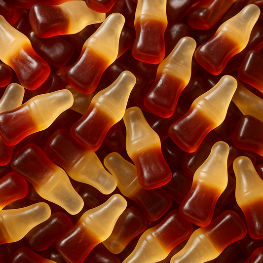 Bonbons Fini Cola Lisse, formes de bouteilles de cola bicolores, texture moelleuse, confiserie halal, vente sur CandyBoum.