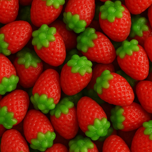 Bonbons Fini Fraise Sauvage, formes de fraises rouges et vertes texturées, texture moelleuse, confiserie halal, vente sur CandyBoum.