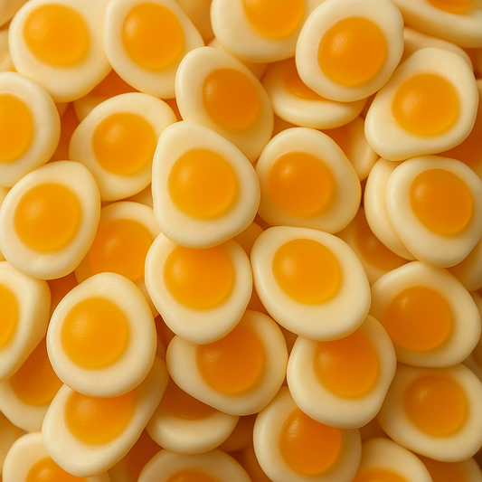 Bonbons Fini Oeuf au Plat, formes d'œufs au plat bicolores jaune et blanc, texture moelleuse, confiserie halal, vente sur CandyBoum.
