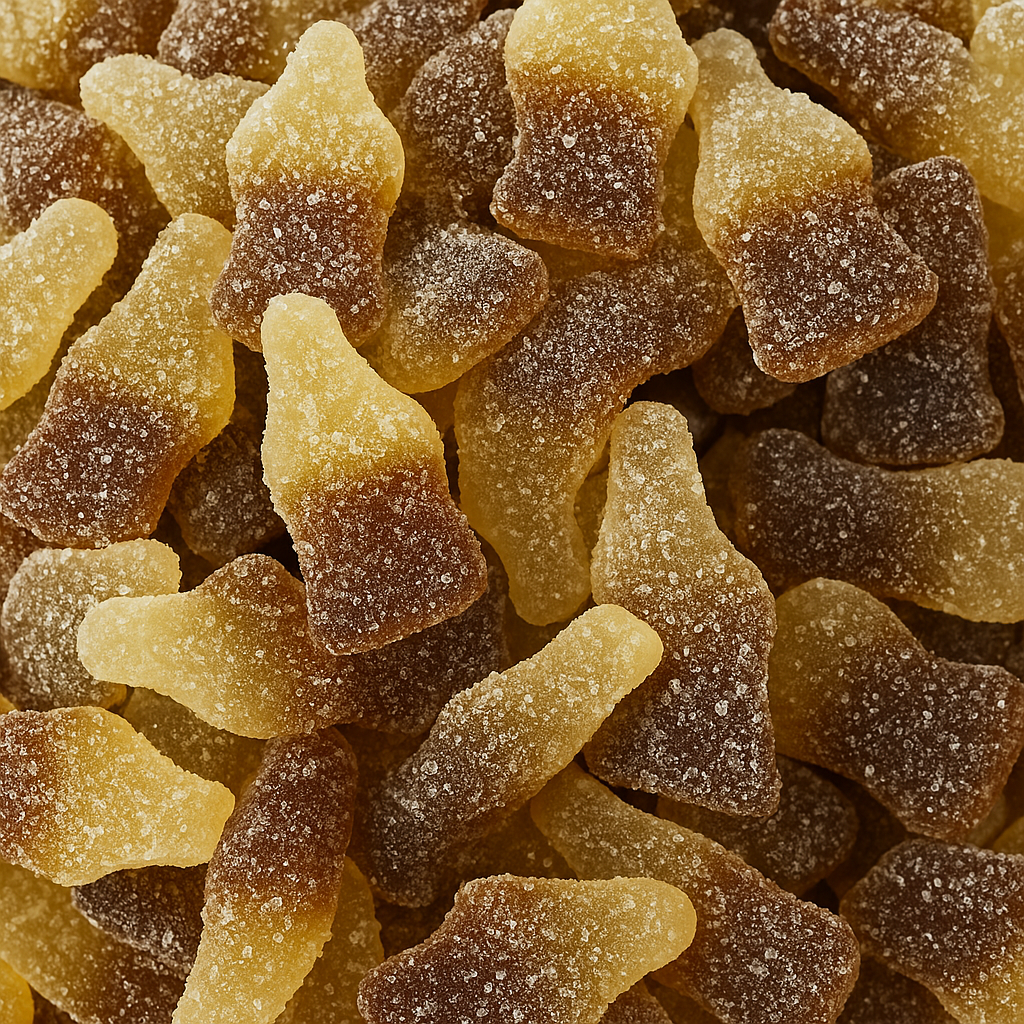 Bonbons Haribo Happy Cola Pik, formes de bouteilles de cola acidulées, couleurs caramel, vente sur CandyBoum.