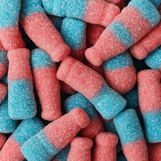 Bonbons Maxi Bubblizz Lutti 90g, formes de bouteilles bicolores, texture gélifiée, goût bubble gum, vente sur CandyBoum.