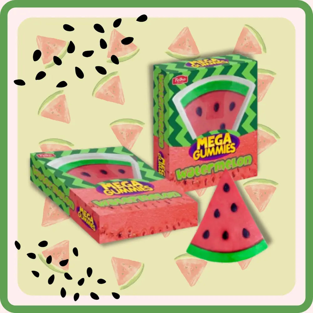 Bonbons Mega Gummies Pastèque XL 600g, formes de pastèque, emballages colorés, vente sur CandyBoum.
